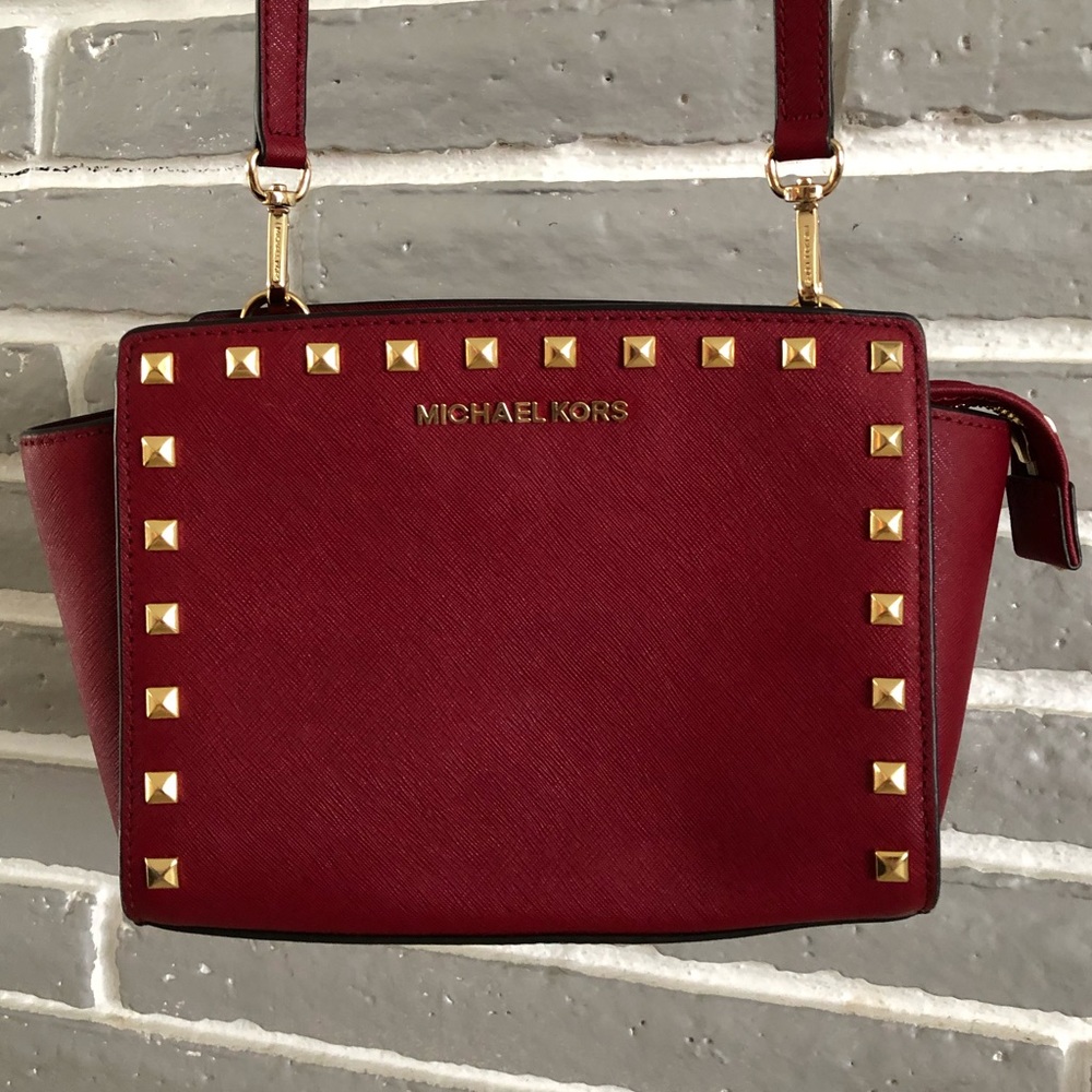 Red Studded Saffiano Leather Michael Kors Purse